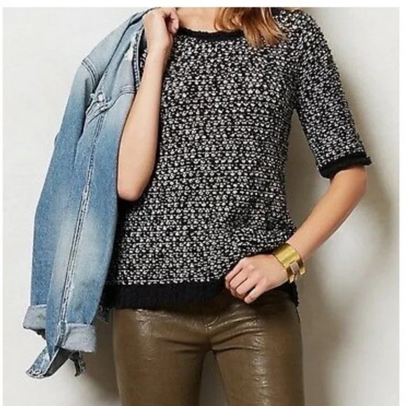 Anthropologie Moth Lana Black/White Textured Chenille Scoop Pullover Sweater M - Picture 8 of 13